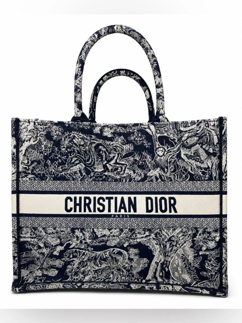 Large Dior Book Tote Ecru and Blue Toile de Jouy Embroidery